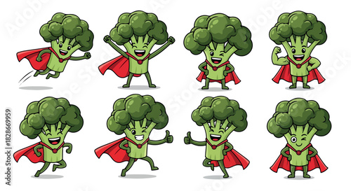 Broccoli superhero character poses with transparent background