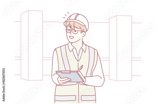 Male engineer in uniform and helmet on construction site. Man professional working at outdoor building workplace. Occupation. Vector illustration.