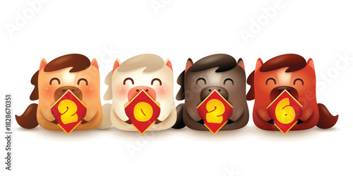 Group of Cute Little Cartoon Horses. 2026 Sign