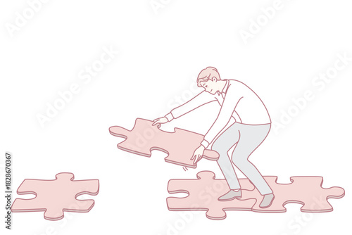 Man connecting jigsaw puzzle pieces making way or road to walk. Male find solution solving problem answering question. Flat vector illustration.
