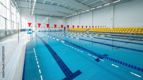 Empty indoor Olympic swimming pool with clear blue water, swim lanes and starting blocks in modern sports arena.