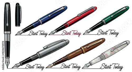Various fountain pens collection with transparent background