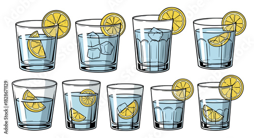 Lemonade drinks in glasses with ice and lemon slices