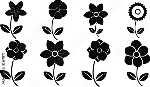 Collection of simple flower silhouettes with stems and leaves