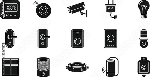 Collection of black silhouette icons representing various smart home devices and internet of things technology elements for modern automation