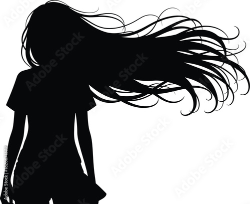 Silhouette of a woman with very long, flowing hair blown dramatically to the side