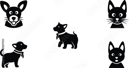 Collection of six black silhouette icons depicting various dog and cat heads and full body poses