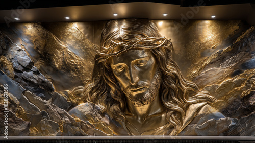 A luminous golden depiction of Jesus on a feature wall, the raised 3D paint adding depth to his flowing silhouette, framed by warm recessed lighting that enhances the contemporary-