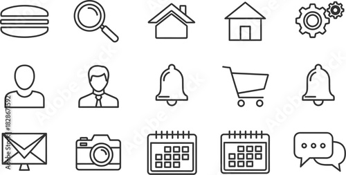 Collection of fifteen thin line art icons representing common user interface elements like navigation, communication, and settings