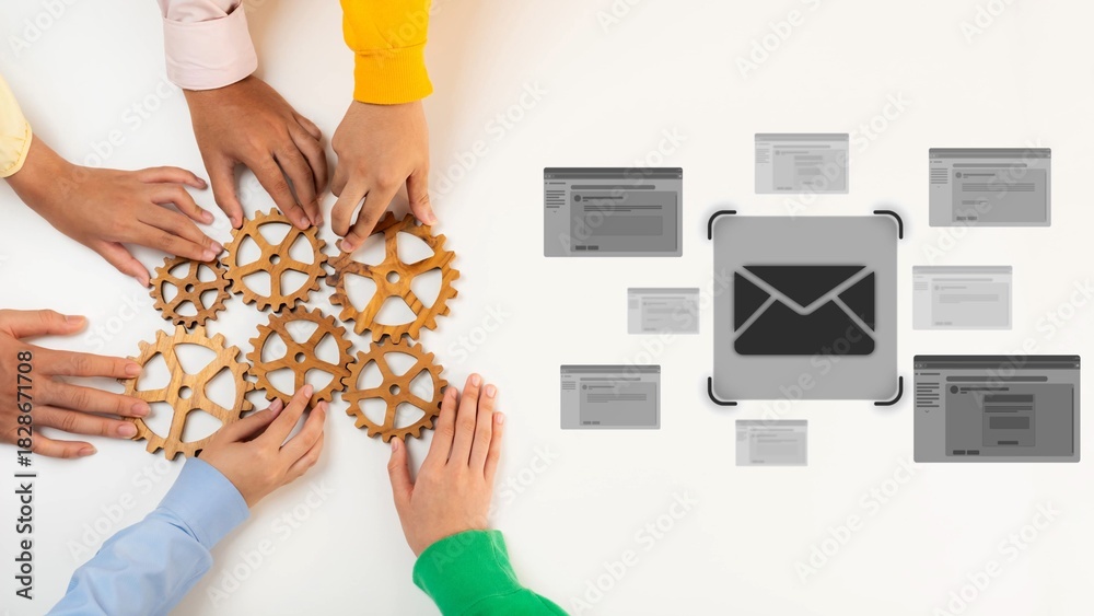 Obraz premium Diverse hands work together with gears and email symbols, symbolizing teamwork and communication in a modern work environment. Collaboration drives success. Raster