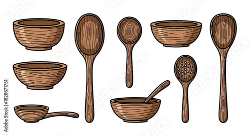 Wooden spoons and bowls set with transparent background