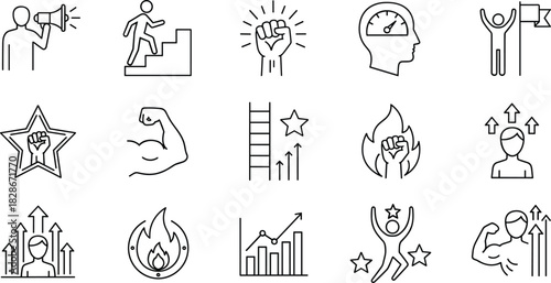 Motivation icons, personal growth symbols, empowerment vector set, leadership success graphics, achievement line art, cad drawing flat vector illustration