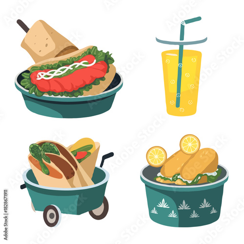Collection of delicious fast food items including a hot dog tacos french fries and a refreshing beverage all isolated on white background