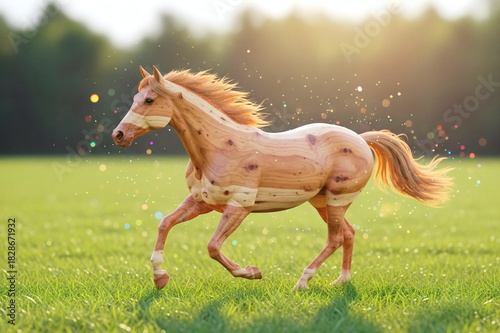 木目の駿馬：輝く草原を疾走する木目の駿馬のファンタジー木製アート