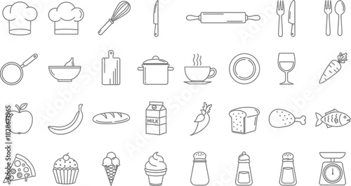 Collection of black and line art icons representing various cooking utensils, kitchen tools, food items, and baking ingredients