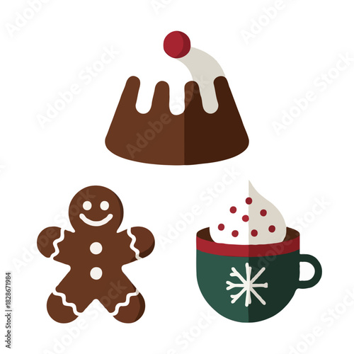 Festive collection of christmas treats including a gingerbread man a decorated christmas pudding and a mug of hot chocolate with whipped cream isolated on white background