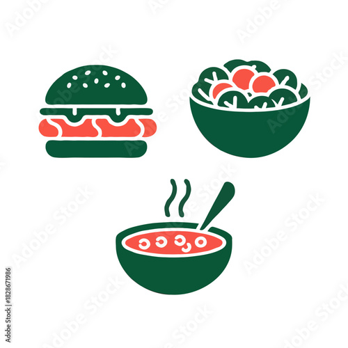 Three stylized food icons representing a hamburger a salad and a bowl of soup isolated on white background