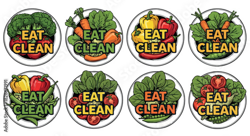 Eat clean food icons with vegetables and fruits
