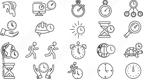Time management, stopwatch, hourglass, global clock, urgency, deadline, time zone, CAD drawing flat vector illustration, line icon set