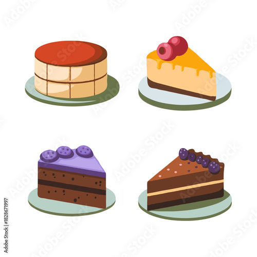 Four delicious dessert cakes and cake slices including a round cake and three triangular slices with various toppings isolated on white background