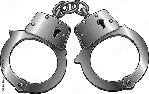 Create a Metal Handcuffs with Keyholes vector art with white background.