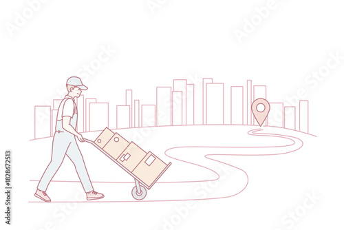 Deliveryman with packages walking to recipient. Courier or postman delivering orders to client or customer. Good delivery service. Vector illustration.