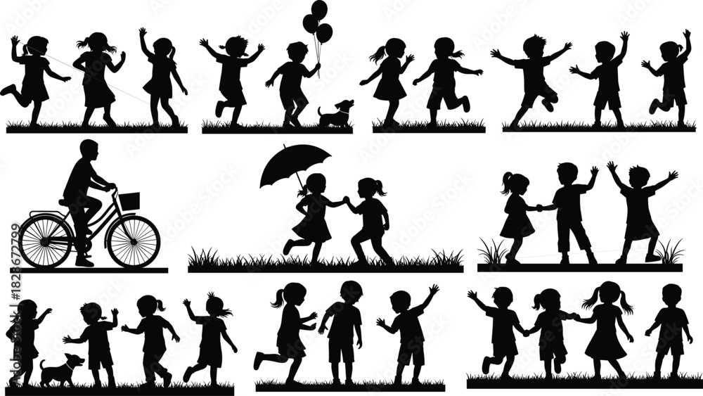 Naklejka premium Playing children silhouettes vector illustration collection, set of happy kids running, jumping, riding a bike, and having fun outdoors, editable childhood icons on grass background.