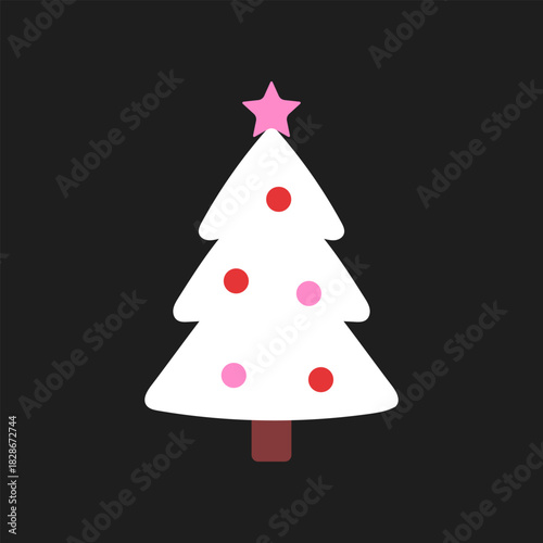 Vector illustration of cute white Christmas tree with red and pink ornaments and a pink star on top, isolated on black background. Cute festive holiday element in flat style.