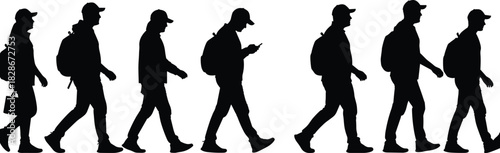 Group of People Walking Black Silhouettes, Set of Young Travelers or Students with Backpacks, Different Poses and Accessories, Vector Illustration Collection Isolated on White Background, EPS 10