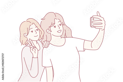 two friends taking selfie together, pastel illustration of duo holding smartphone and posing with laughter, casual outfits and playful expressions, influencer vibe and social media content