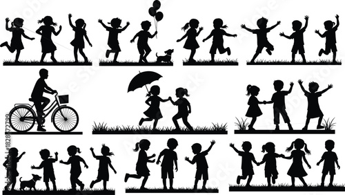 Playing children silhouettes vector illustration collection, set of happy kids running, jumping, riding a bike, and having fun outdoors, editable childhood icons on grass background.