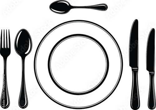 Table setting and cutlery silhouettes vector illustration, formal place setting with dinner plate, knives, fork, and spoons, restaurant menu element icons, editable isolated on white background.