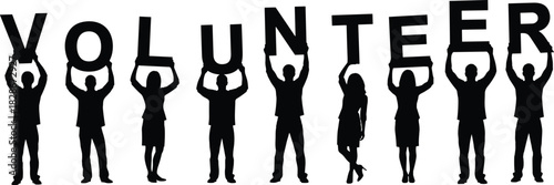 Volunteer word held by diverse people silhouettes vector illustration, male and female figures lifting letters, symbolizing community collaboration, charity, and social service isolated on white backg