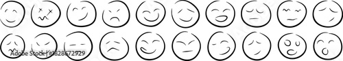 Hand drawn round emoji emoticons express a range of different emotions and feelings