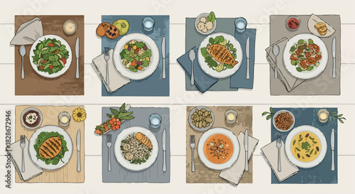 Overhead view of healthy meals on dining tables