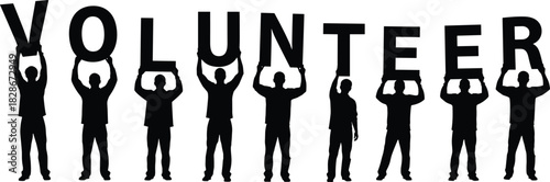 Volunteer word held by people silhouettes vector illustration, a group of figures holding up individual letters, teamwork, charity, and community service concept graphic isolated on white background.