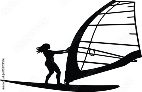 Windsurfing woman silhouette vector illustration, female figure riding a surfboard with a sail, depicting extreme water sport, summer activity, and adventure icon isolated on white background.