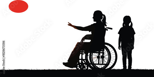 Silhouette of woman in wheelchair reaching out beside young girl, caregiving and support illustration symbolizing family, compassion, disability inclusion and connection
