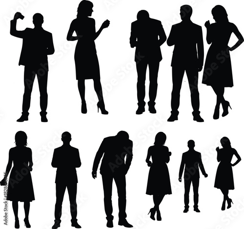 Silhouettes of business people standing in various poses, professional men and women characters expressing gestures, corporate illustration set for design