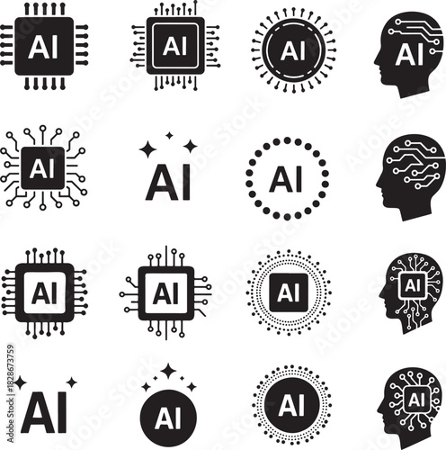 Minimal artificial intelligence icon set featuring chip circuits glowing dots and human head profiles with tech patterns, concept of digital innovation and machine intelligence
