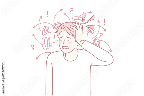 Unhealthy man suffer from headache or migraine. Unwell guy struggle with dizziness or blurry vision. Health problems. Vector illustration.