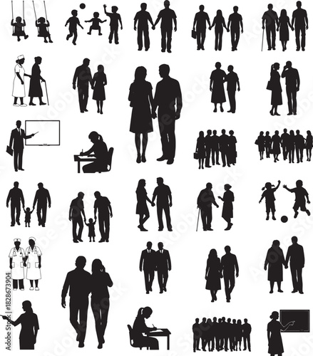 Various people silhouettes showing family children elders couples workers and groups in diverse everyday activities Concept of community life relationship society