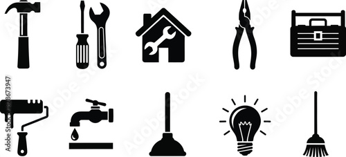 Collection of black and icons representing various home repair and maintenance tools and symbols