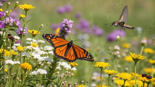 Monarch butterfly resting on a flower with a hummingbird moth flying nearby in a vibrant meadow scene