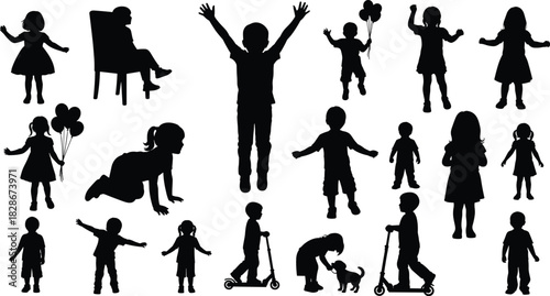 Silhouettes of children playing, running, riding scooters, holding balloons, interacting with pets, joyful childhood activity and movement perfect for creative design projects