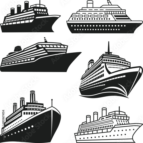 Cruise ship silhouette icons, Cruise ship vector icons set isolated on a white background.