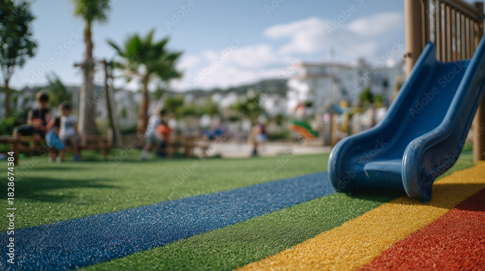 Obraz premium Close-up of a multicolored slide with children playing, artificial turf glowing under sunlight, warm and safe atmosphere in a cheerful park