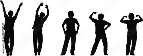 Silhouettes of young boy posing in multiple expressive stances, arms raised and flexing, dynamic child illustration for activity, motion and character design