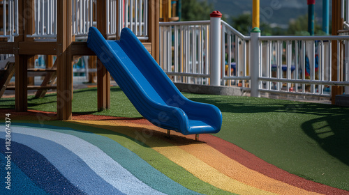 Close-up of a multicolored slide with children playing, artificial turf glowing under sunlight, warm and safe atmosphere in a cheerful park