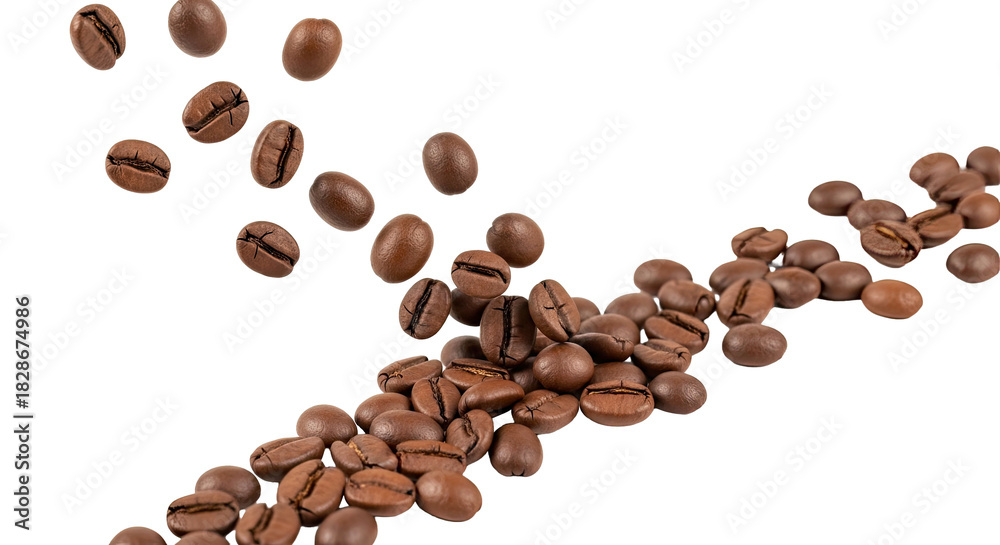 Obraz premium Pile of Falling Coffee Beans Dynamic Motion Close-up Macro Shot on White Background